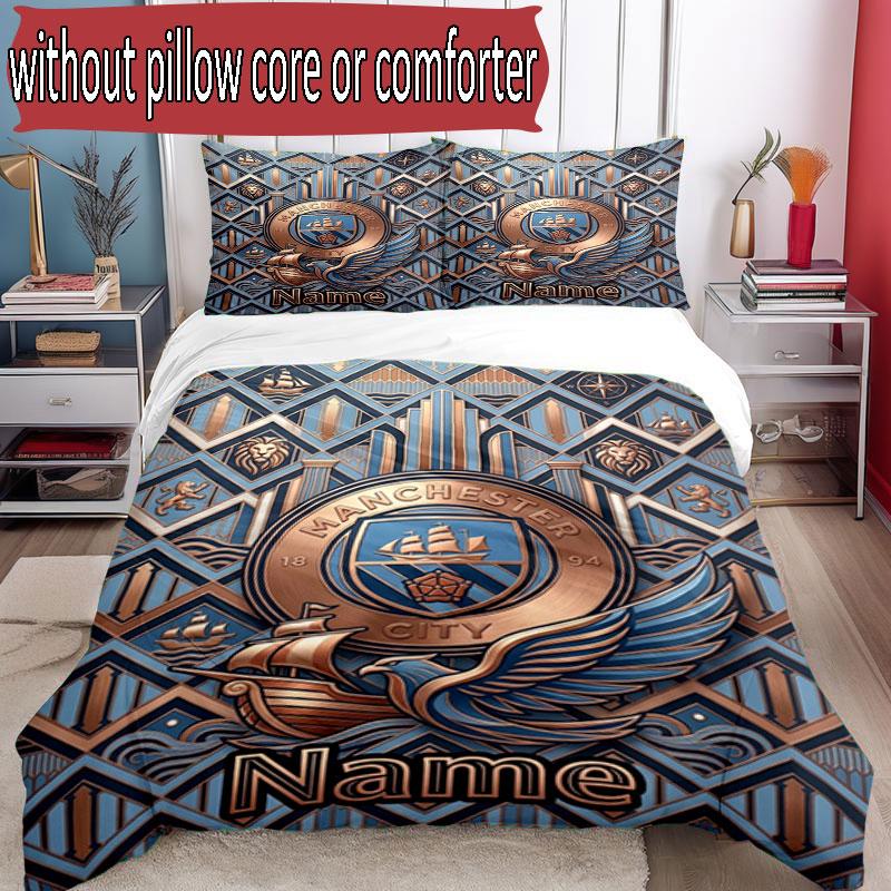3pcs Duvet Cover Set (1*Duvet Cover + 2*Pillowcase, Without Core), Custom Name Manchester City Pattern Bedding Set, Home Bedroom Decor Gift