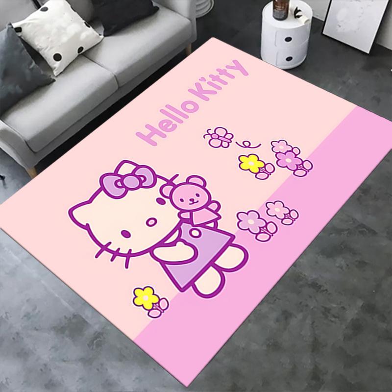 Office Rug Hello Kitty, Flowers Anti-Slip Rug, Machine Washable for Living Room, Bedroom, Office, Multiple Sizes, Bedroom Mat, Decorative Mat, Durable
