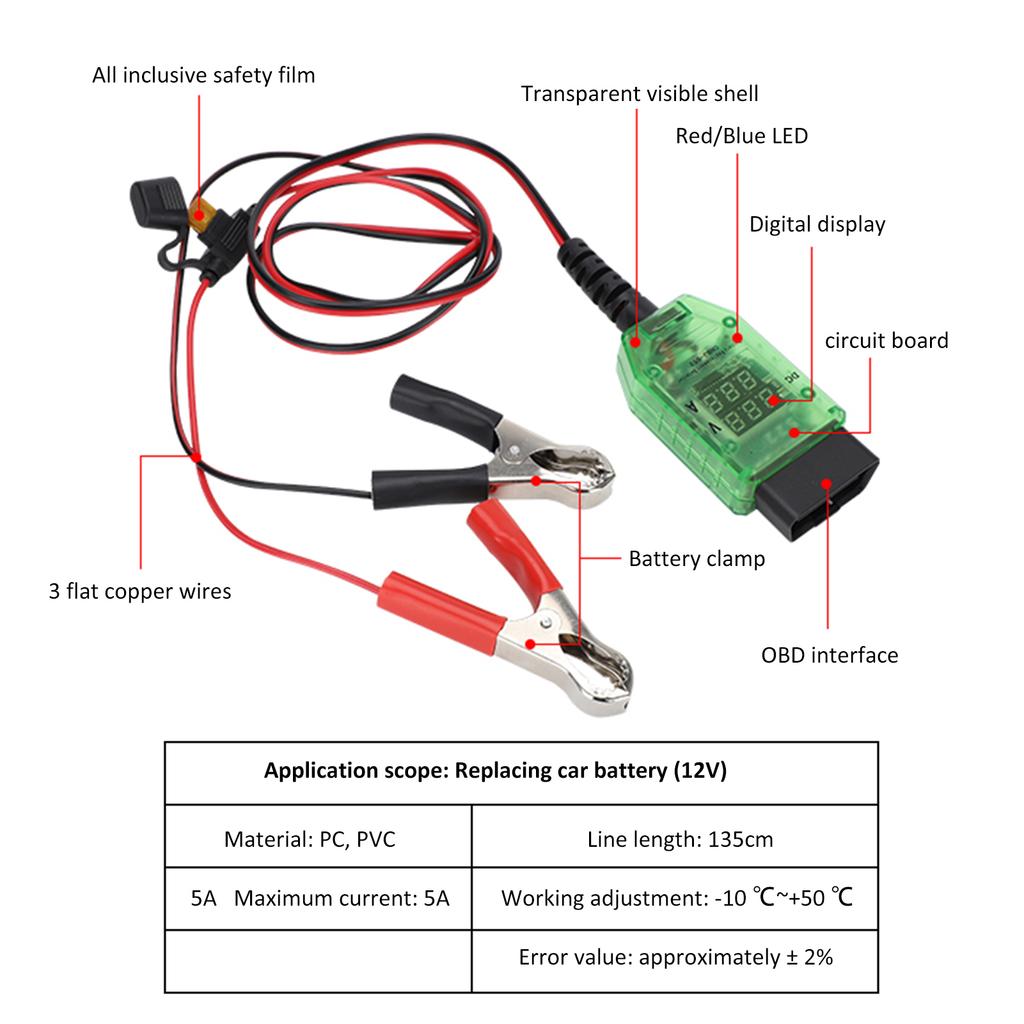 Automotive Battery Tester Dual Digital Voltage Current OBD Connector LED Indicator High Insulation ECU Data Protection