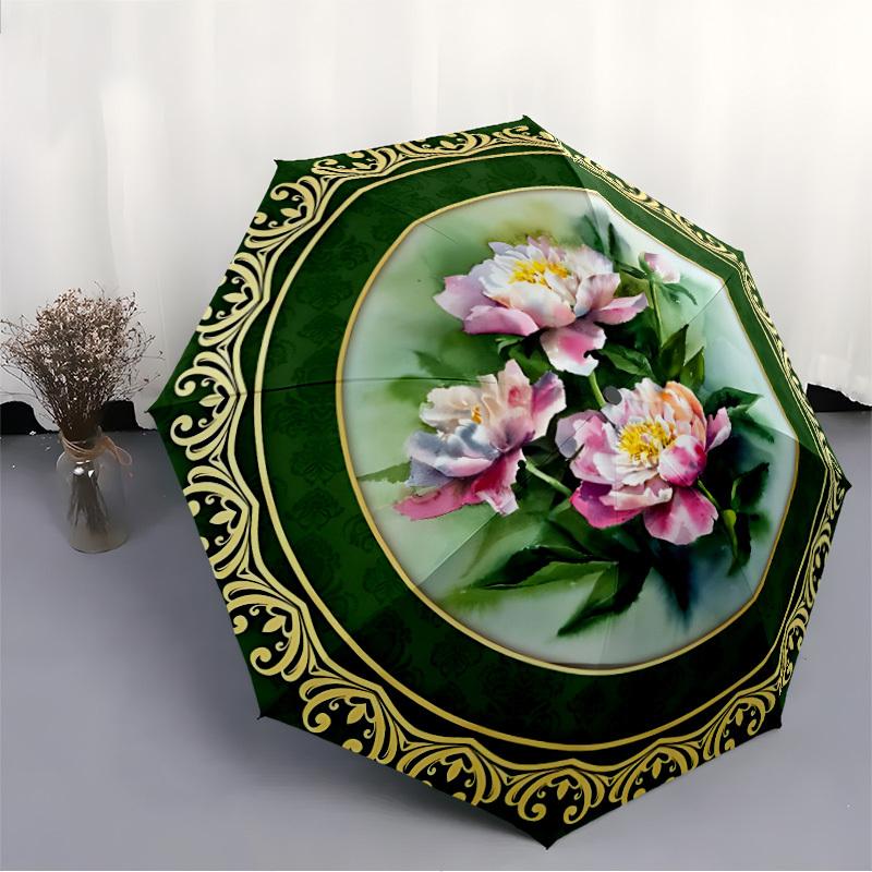 1pc Floral Decorative Automatic Folding Umbrella - Portable Collapsible Design, 8-Rib Iron Frame, Durable Fabric yy251125135