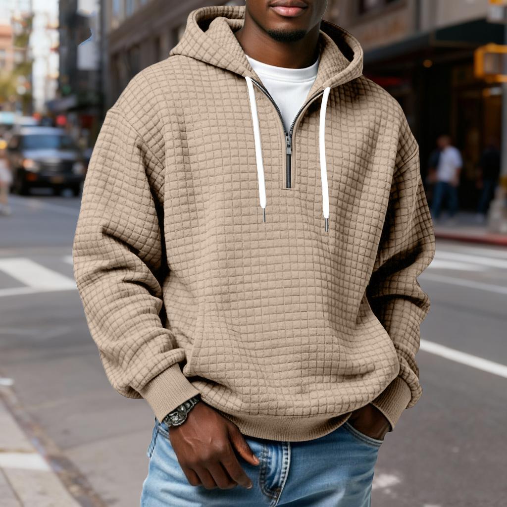 Мужской худи-пуловер в клетку с капюшоном на молнии до середины, со шнурком, повседневная спортивная толстовка
