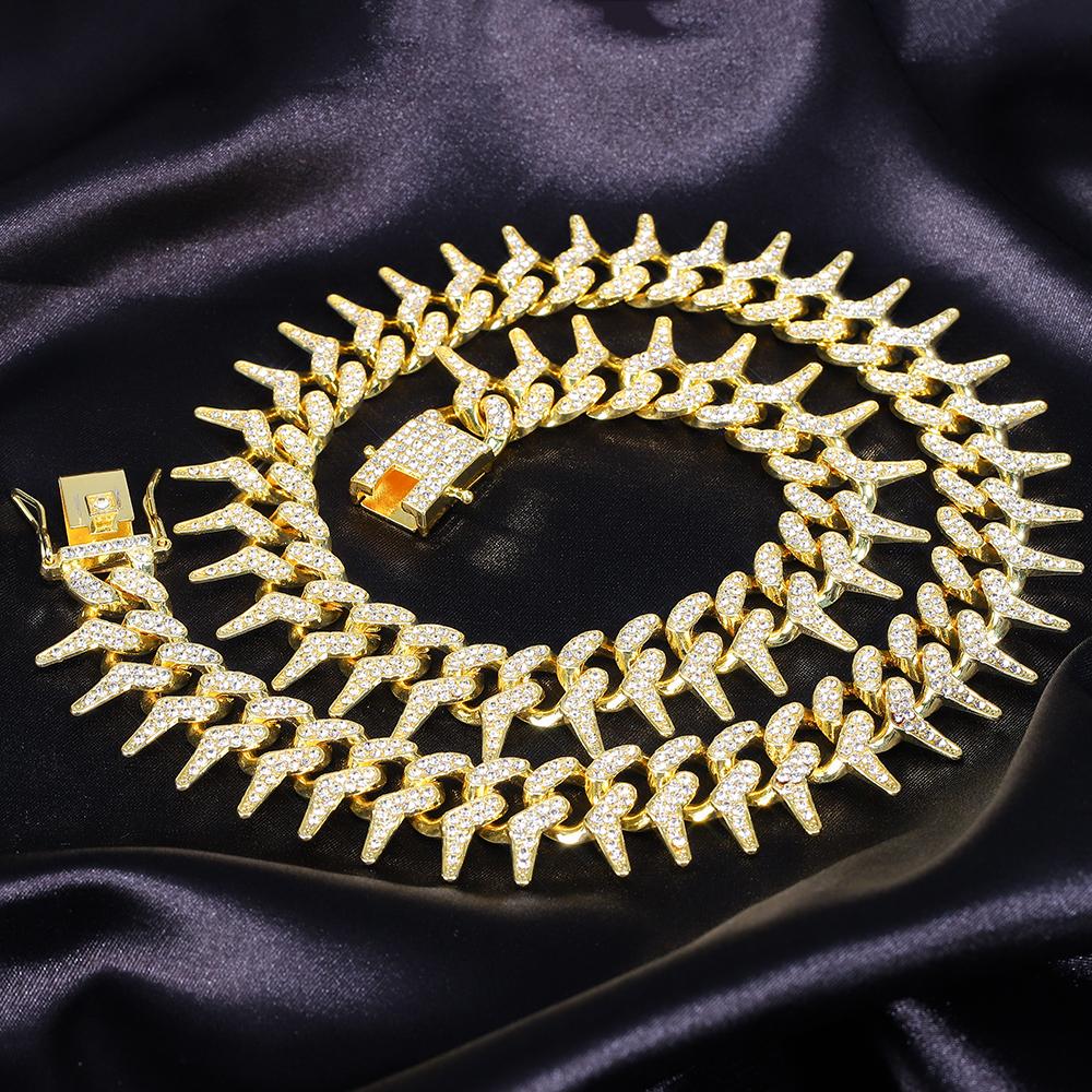 Hip Hop 21MM Iced Out Cuban Rivet Spike Thorns Link Chain Full Crystal Men's Miami Cuban Chain Luxury Fashion Necklace Jewelry
