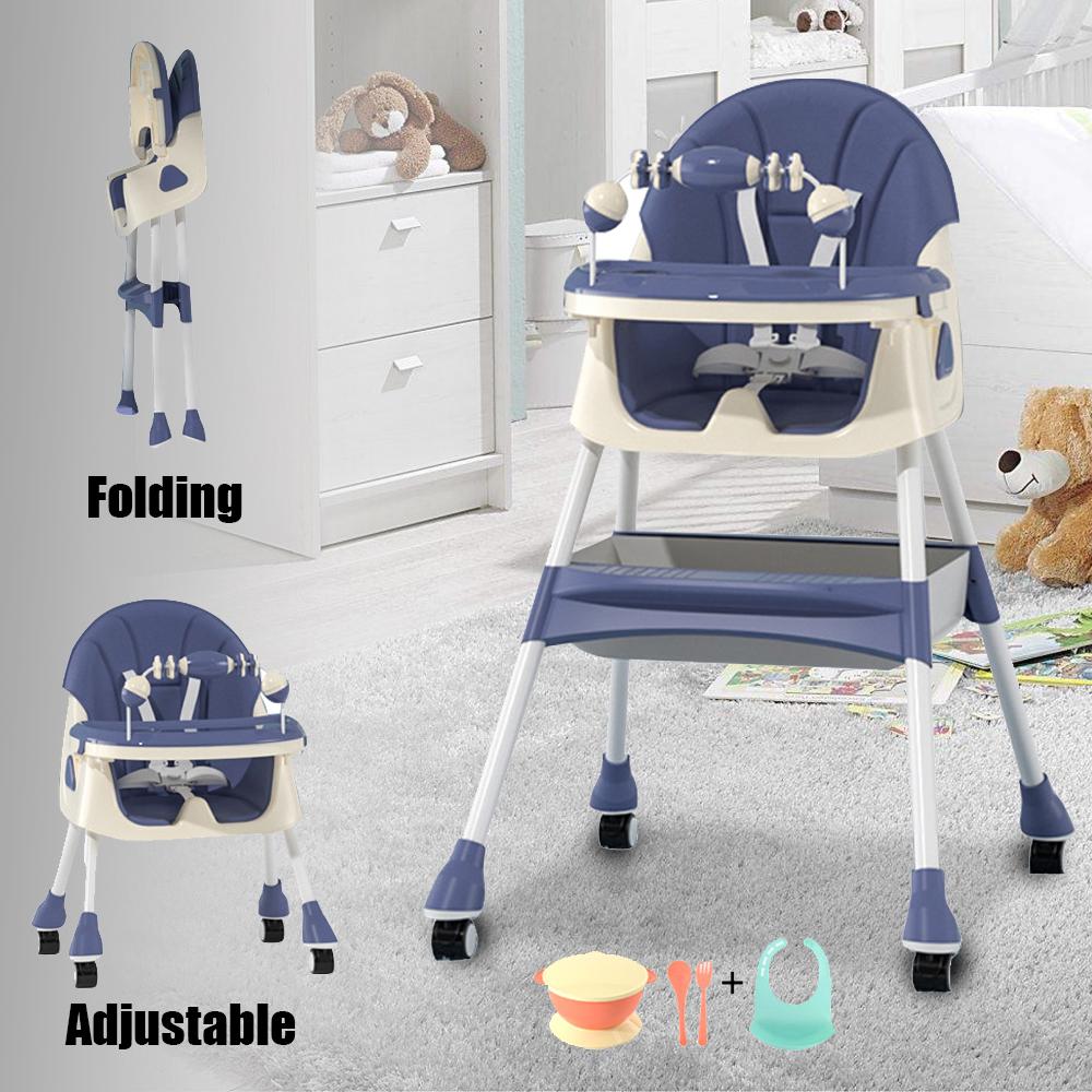 Foldable Baby High Chair 4-in-1 Foldable Reclining Feeding Table Chair Seat 7 Heights With Toyrack Easy To Clean Feeding