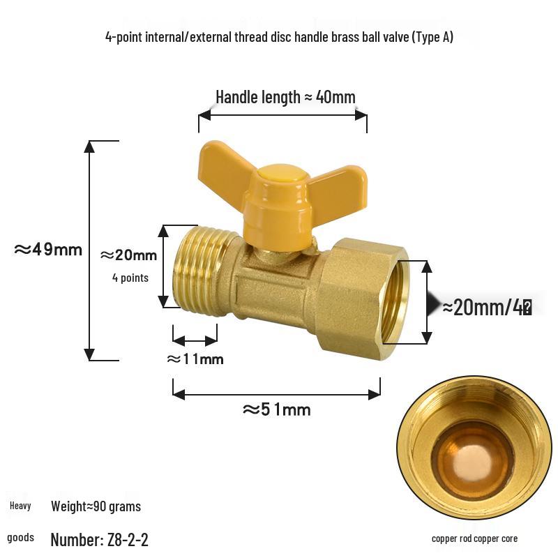 Brass Ball Valve with Copper Core: Male/Female, Double Female, 1/2", 3/4", 1" Sizes, for Water and Gas Pipes.