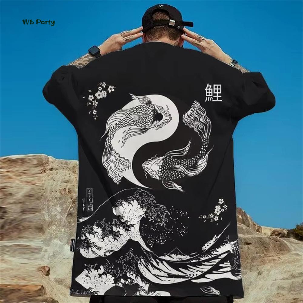Японская футболка Ukiyo-E для мужчин с принтом Рыбы Инь-Ян, футболка с коротким рукавом, свободные повседневные топы, летняя мода, одежда для улицы
