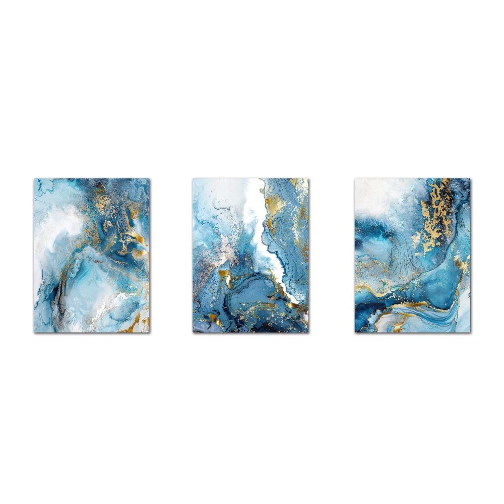 3 Pcs Gold Foil Blue Marble Texture Luxury Poster Prints Pictures Teal Watercolor Wall Art Canvas Painting for Modern Home Decor