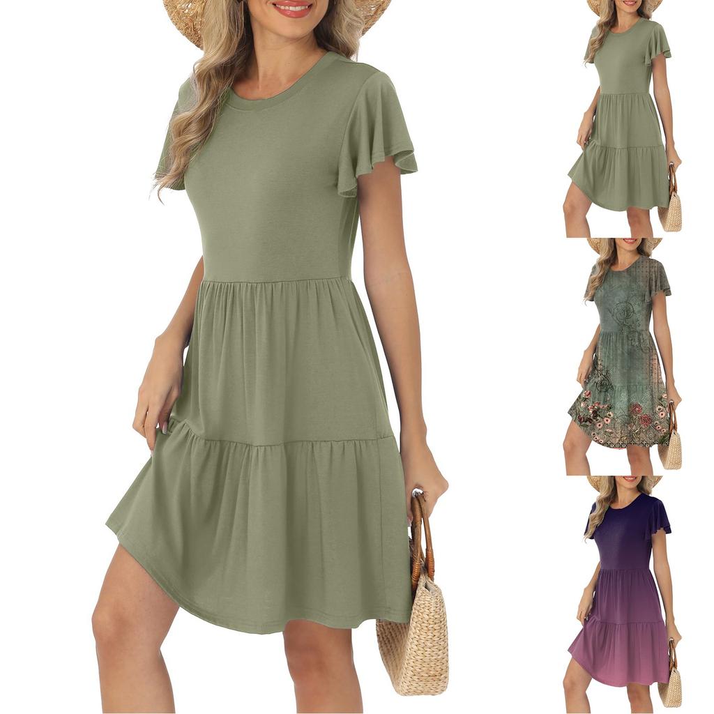 Women's Fashion Summer Ruffle Short Round Neck With Pocket Casual Dresses