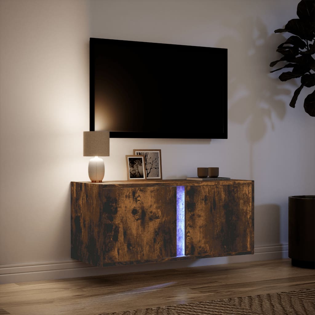 Wall Mounted TV Cabinet with LED Lighting Smoked Oak Finish 80 x 31 x 35 cm