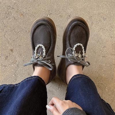 Нишевая мода туфли-одинарки на шнуровке с глубоким вырезом и жемчугом 2025 осень новинка круглый носок плоская подошва удобные лоферы на одной педали