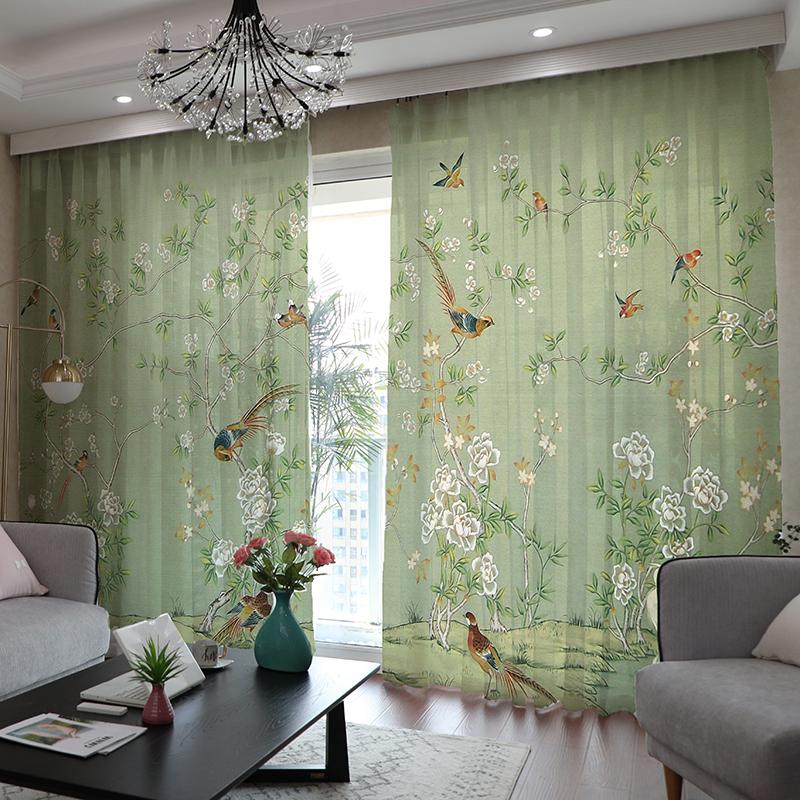 2 шт. Китайские шторы с цветочным и птичьим принтом и очаровательным пейзажем для гостиной, балкона, окон от пола до потолка и спальни