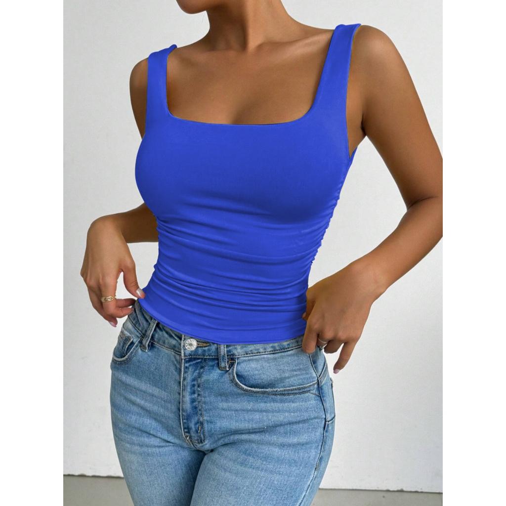 Women's Sleeveless Camisole Vest with Square Neckline, Casual Basic Style, Exposed Navel Top
