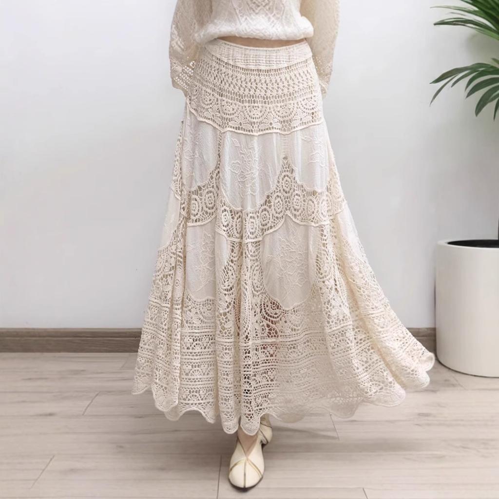 Dimanaf 2025 New Holiday Skirt Women Knitting Lace Long Solid Hollow Out Sexy Hollow Summer Style Basic Dress