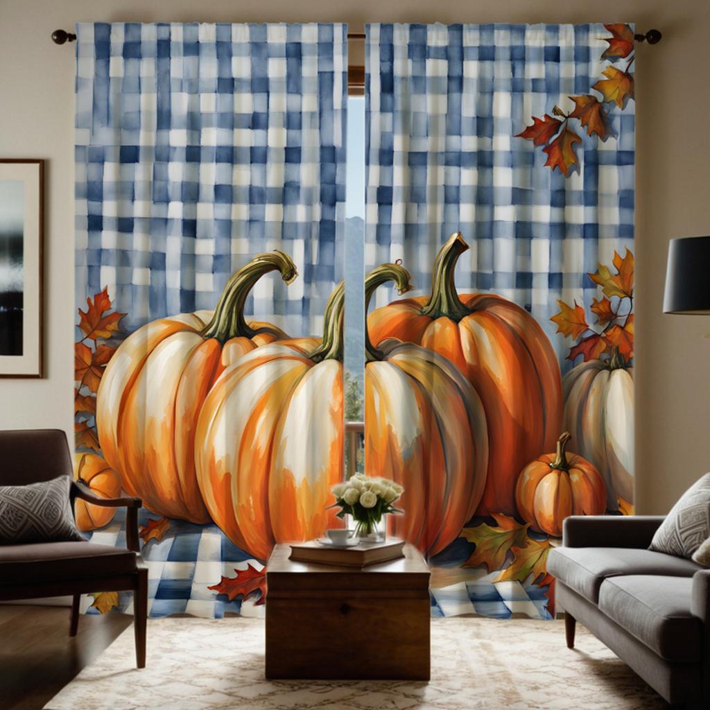 2 шт. HD синяя клетчатая занавеска с тыквой и кленовым листом, декоративная занавеска с желтой завязкой и цифровой печатью, украшение для дома в стиле