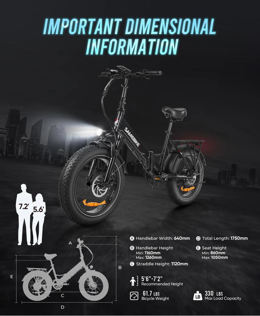 SAMEBIKE LOTDM200-II Folding Electric Bicycle for Adults 20 x 4.0 inch Fat Tire Mountain E-bike With 48V 13Ah Removable Battery