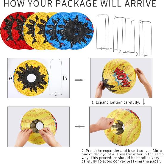 Blulu 6 Pcs Hero Themed Party Decorations Fun Hero Paper Lanterns Hanging Comic Wow Zap Boom Lanterns Birthday Party Favor for Kids Boys Adults Baby