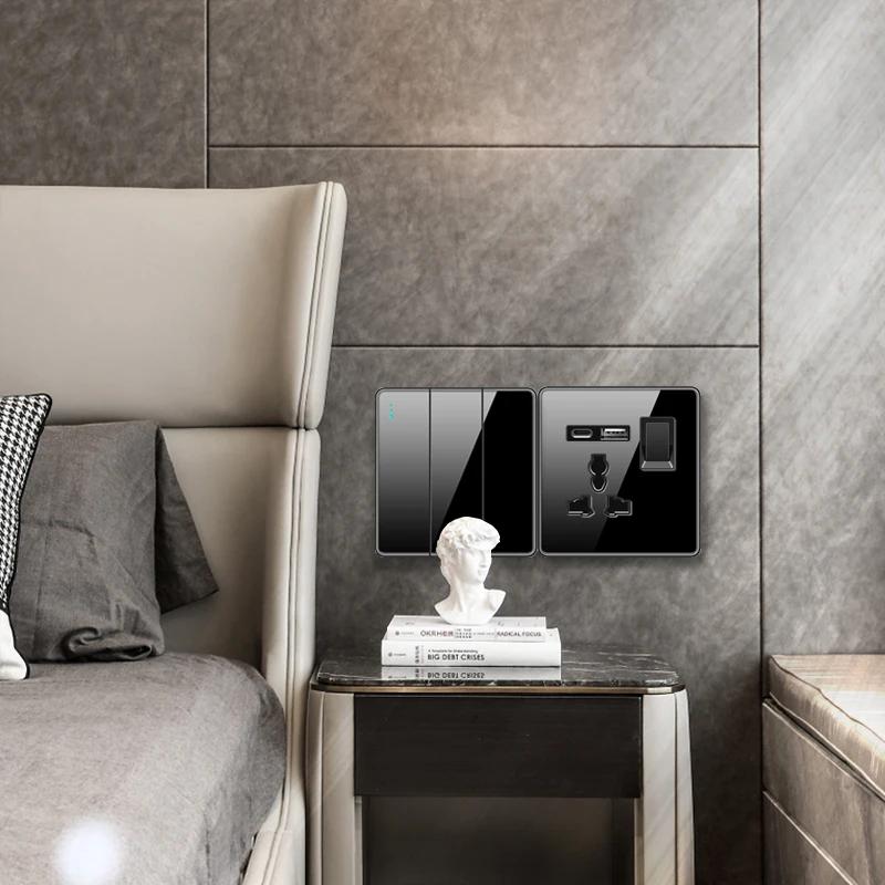 Универсальная настенная розетка Type-C мощностью 18 Вт с портами USB, быстрая зарядка, панель из закаленного стекла, розетка питания, стандарт Великобритании, двойная зарядная розетка USB