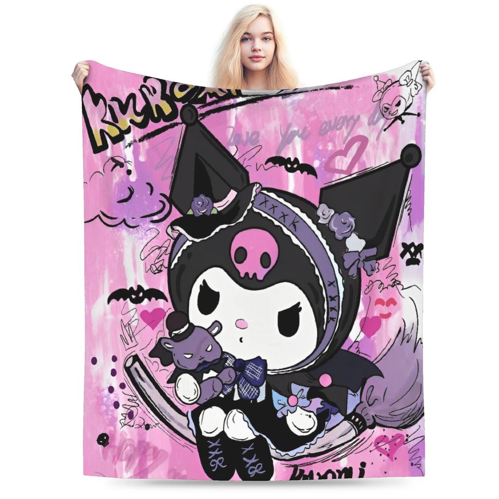 Cartoon Cool Cute Kuromi Fleece Throw Blanket  Blanket for Home Outdoor Super Soft Bed Rug
