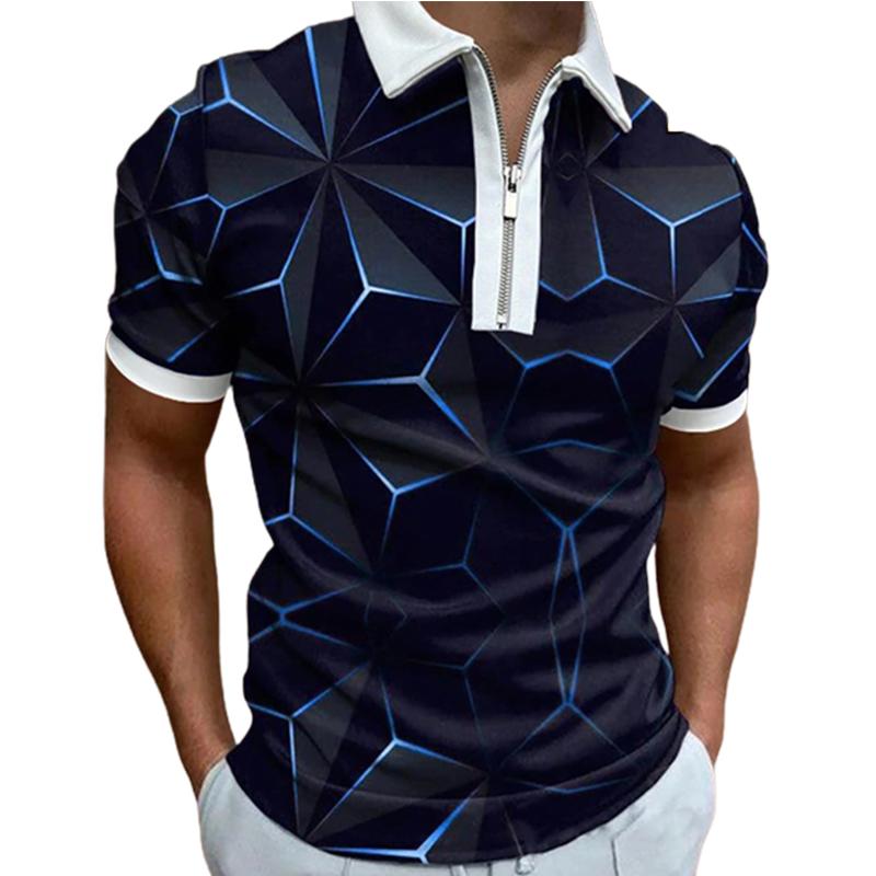 Повседневная футболка с лацканами, молодежная мужская модная футболка на молнии, футболка с коротким рукавом, мужская футболка с 3D синим полосатым принтом