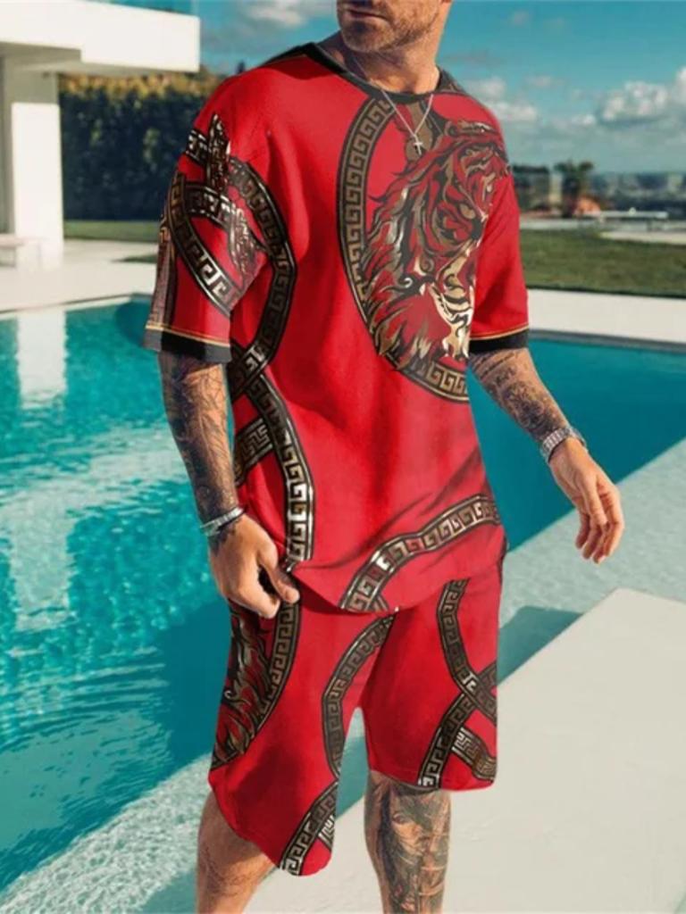 Новые летние мужские комплекты, шорты, наряды, мужские футболки, уличная футболка, повседневный спортивный костюм с 3D принтом и круглым вырезом, пляжная спортивная одежда большого размера
