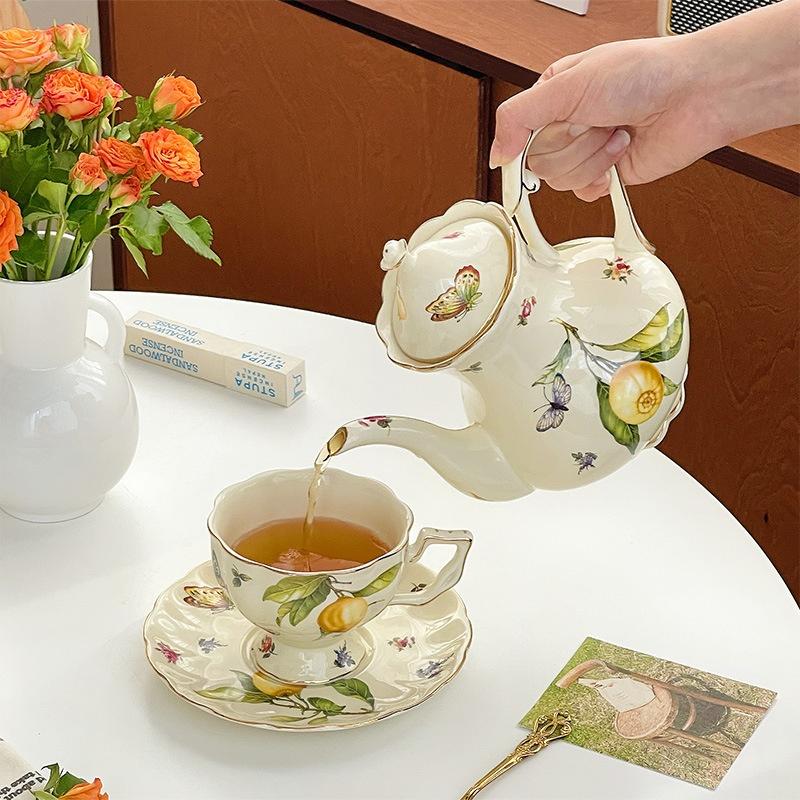 Европейская кофейная чашка и блюдце, чайник, чашка для послеобеденного чая, керамическая чайная чашка с лимонным узором, чайник, десертная тарелка, посуда для питья, подарки