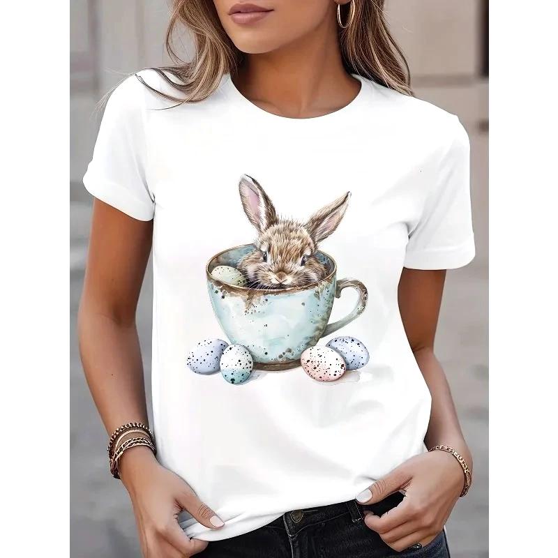 Easter Bunny Print Summer Casual Tshirt Round Neck Pure Short Sleeved Sports Tee Womens Round Neck Holiday Trendy Top