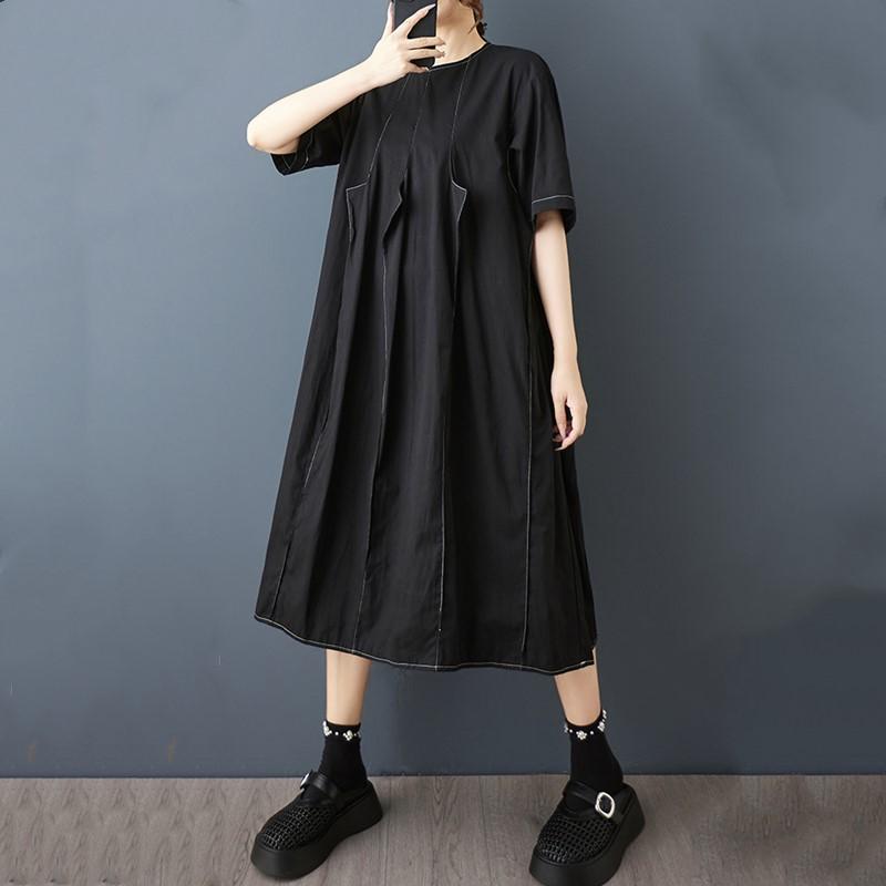 Винтажное черное платье большого размера с коротким рукавом, новинка, повседневное свободное длинное летнее платье для женщин
