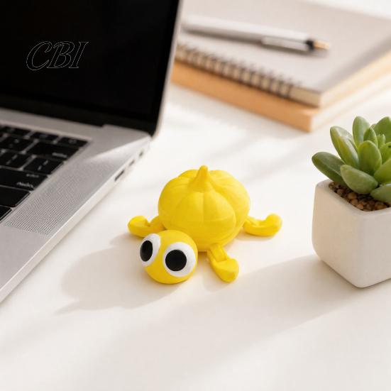 Small Stress Relief Toy 3D Printed Posable Big-Eyed Yellow Pumpkin Turtle Figurine, Flexible Joint Cute One-piece Molding Decoration Fidget