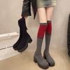 Весенне-осенние новые вязаные ботфорты большого размера, тонкие ботинки, на толстой подошве и толстом каблуке, с цветными вставками, эластичные ботинки-носки