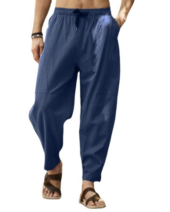 Мужские мешковатые длинные брюки из хлопка и льна, широкие брюки с эластичной резинкой на талии, свободные шаровары