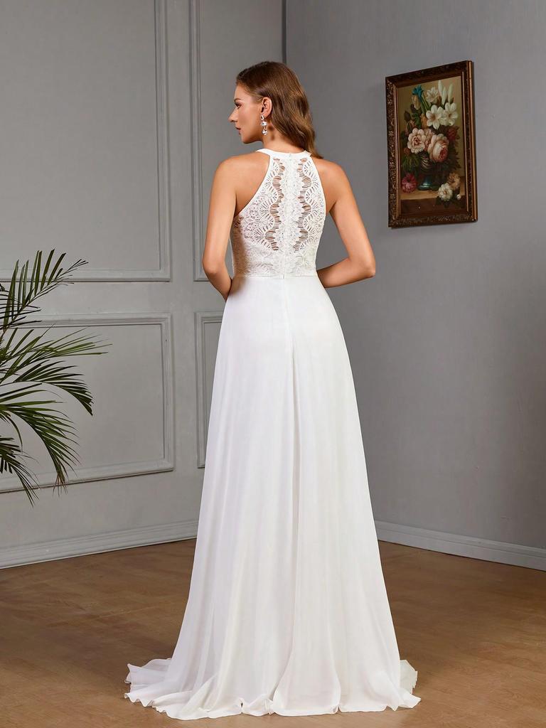 European & American Halter Embroidered Slit Fishtail Evening Dress