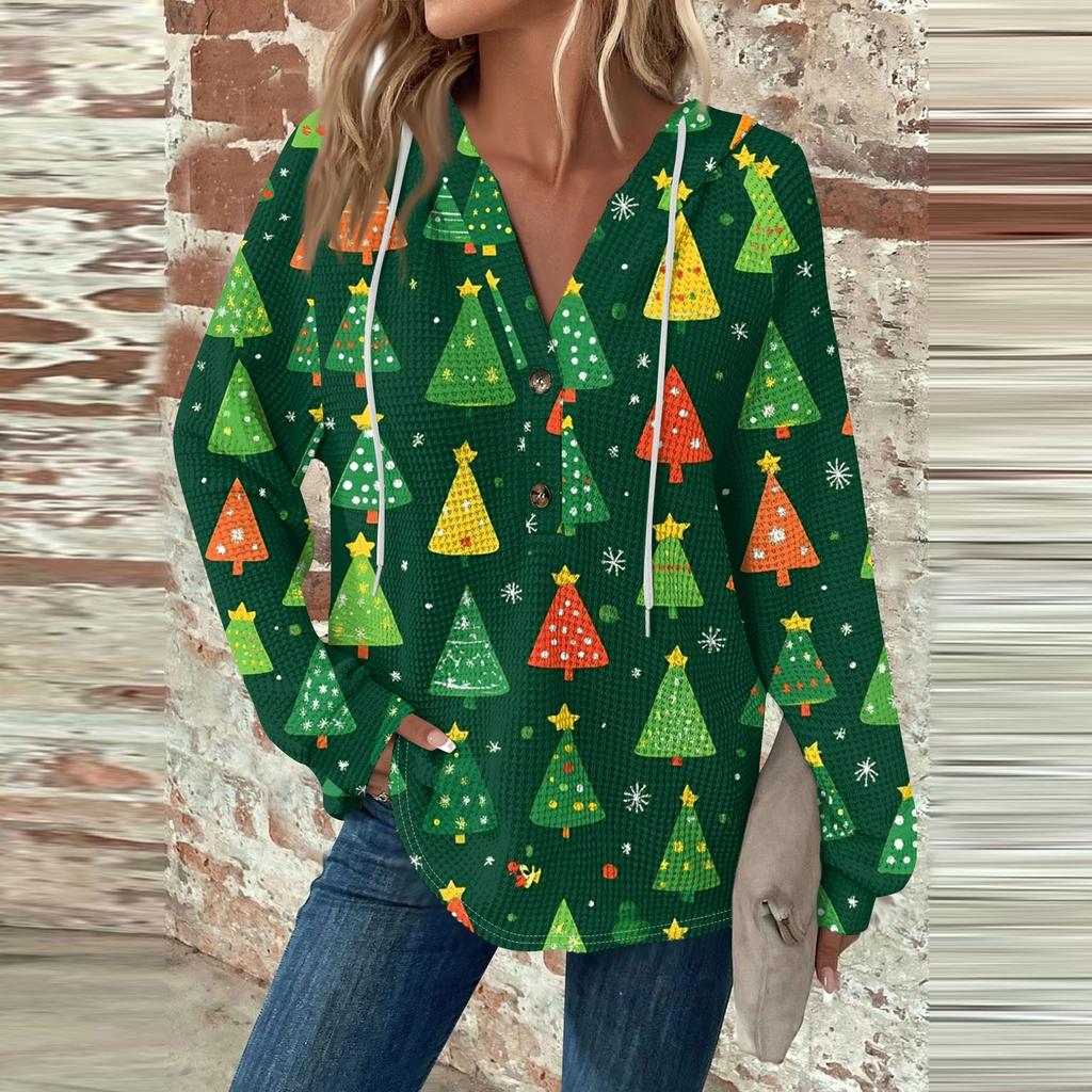Женский повседневный топ с длинными рукавами, пуговицами, V-образным вырезом, рождественским принтом, завязками и капюшоном
