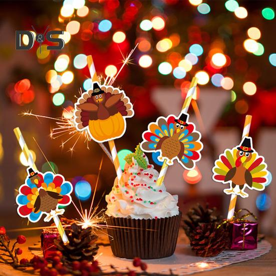 20 Pcs Thanksgiving Straw Easy Install Turkey Shaped Straw Insert Thanksgiving Drink Decorations for Fall Parties