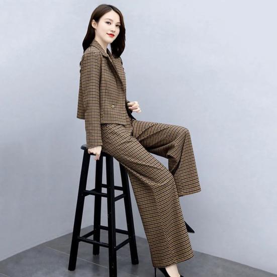 2 Pcs/Set Women Coat Pants Set Lapel Buttons Cardigan Plaid Print Long Sleeve Jacket Wide Leg High Waist Straight Trousers Lady Formal Commute Outfit
