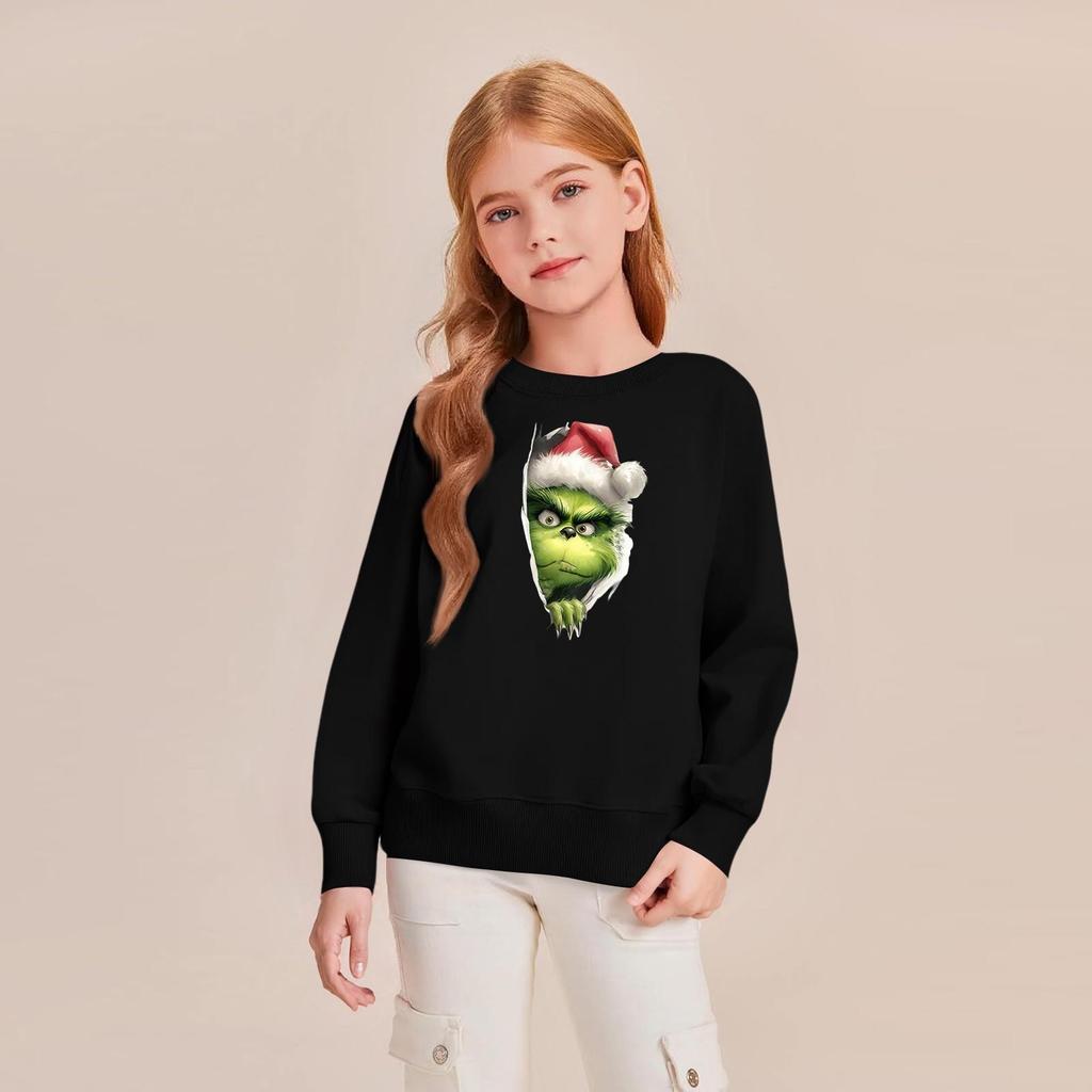Kids' Fashion Loose-Fit Casual Long-Sleeve Christmas Print Oversized Crewneck Sweatshirt