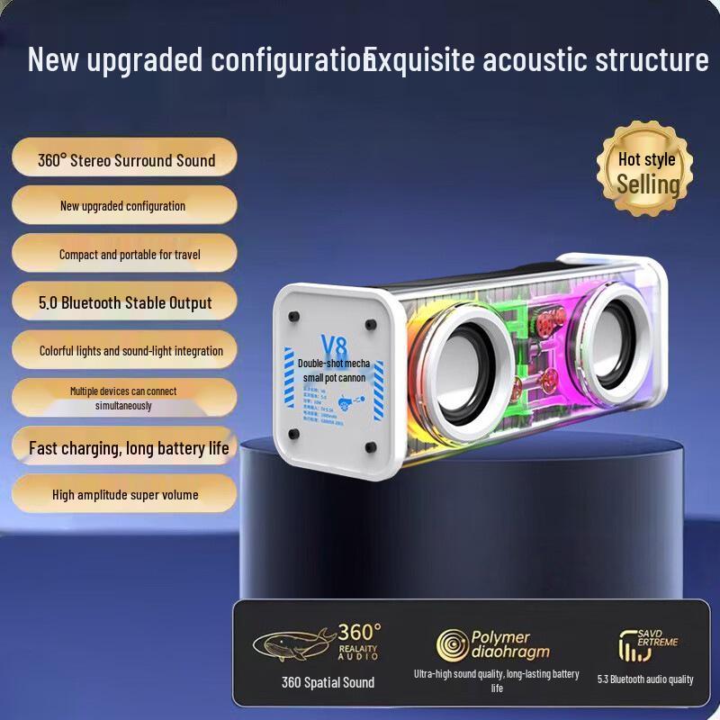 V8 Bluetooth Speaker: Compact, Transparent Mecha Design with High-Quality Sound and Subwoofer.