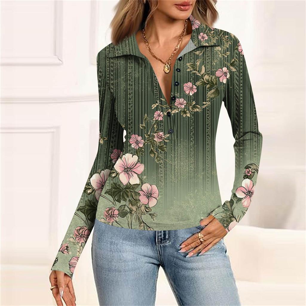 Женская мода Повседневный принт V-образный вырез Длинный рукав Застегивающаяся на пуговицы блузка