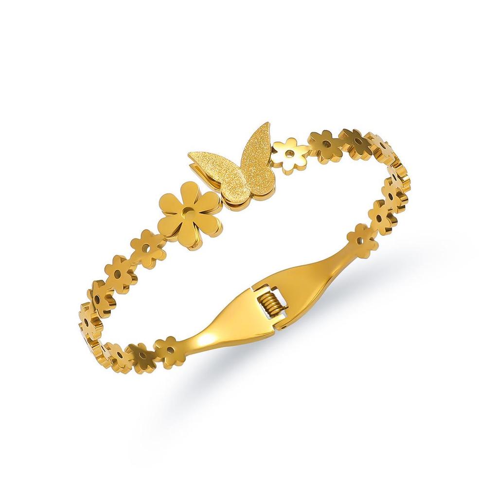 European-American Stainless Steel Butterfly Bracelet with Gold Edge - Fashionable Women's Openable Jewelry
