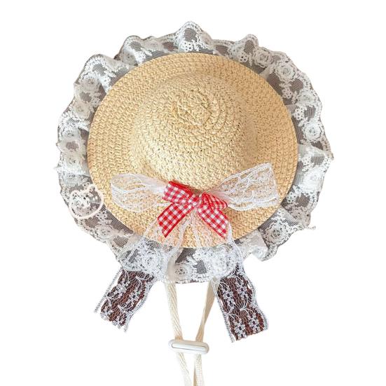 Mini Pet Straw Hat with Lace Adjustable Sun Protection Straw Hat with Bow Handwoven Outdoor Pet Accessory for Small Cats And Dogs