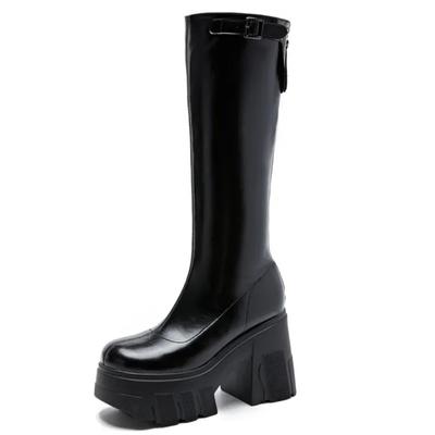 Модные 11 см туфли-лодочки из микрофибры на каблуках для женщин, туфли на молнии до колена, ботильоны на платформе и танкетке, модные туфли-лодочки