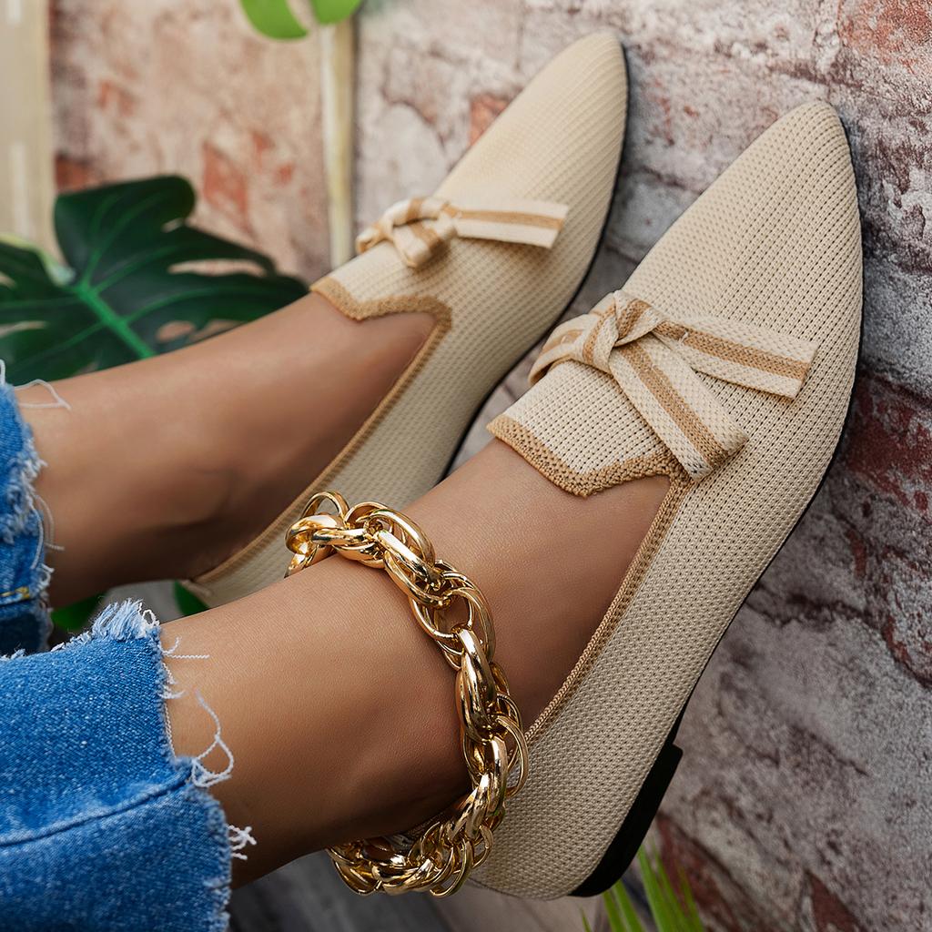 New Women Flats Shoe Knitted Slip Breathable Comfortable Solid Color Shoes Casual Pointed Toe Walking Loafers Sneakers