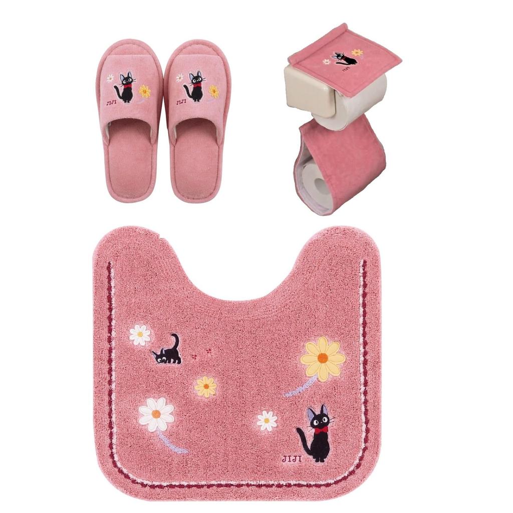Kiki's Delivery Service Flower Walk Toilet Mat, Slippers and Paper Holder Cover by Senko, Pink, 3-Piece Set