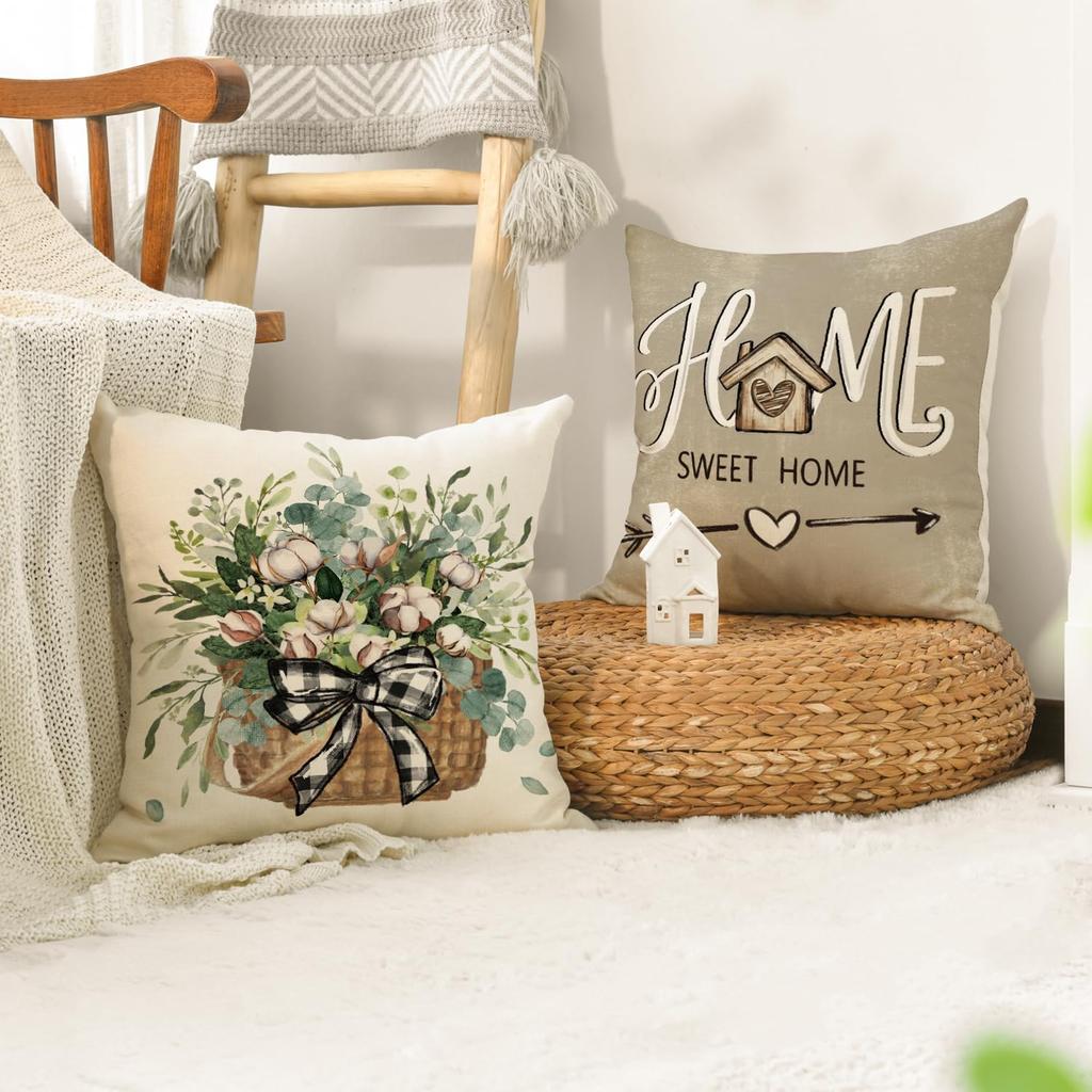 4 Pcs Double Sided Farmhouse Cushion Covers, Eucalyptus Cotton Truck Home Quote Rustic Throw Pillow Cases (No Inserts)