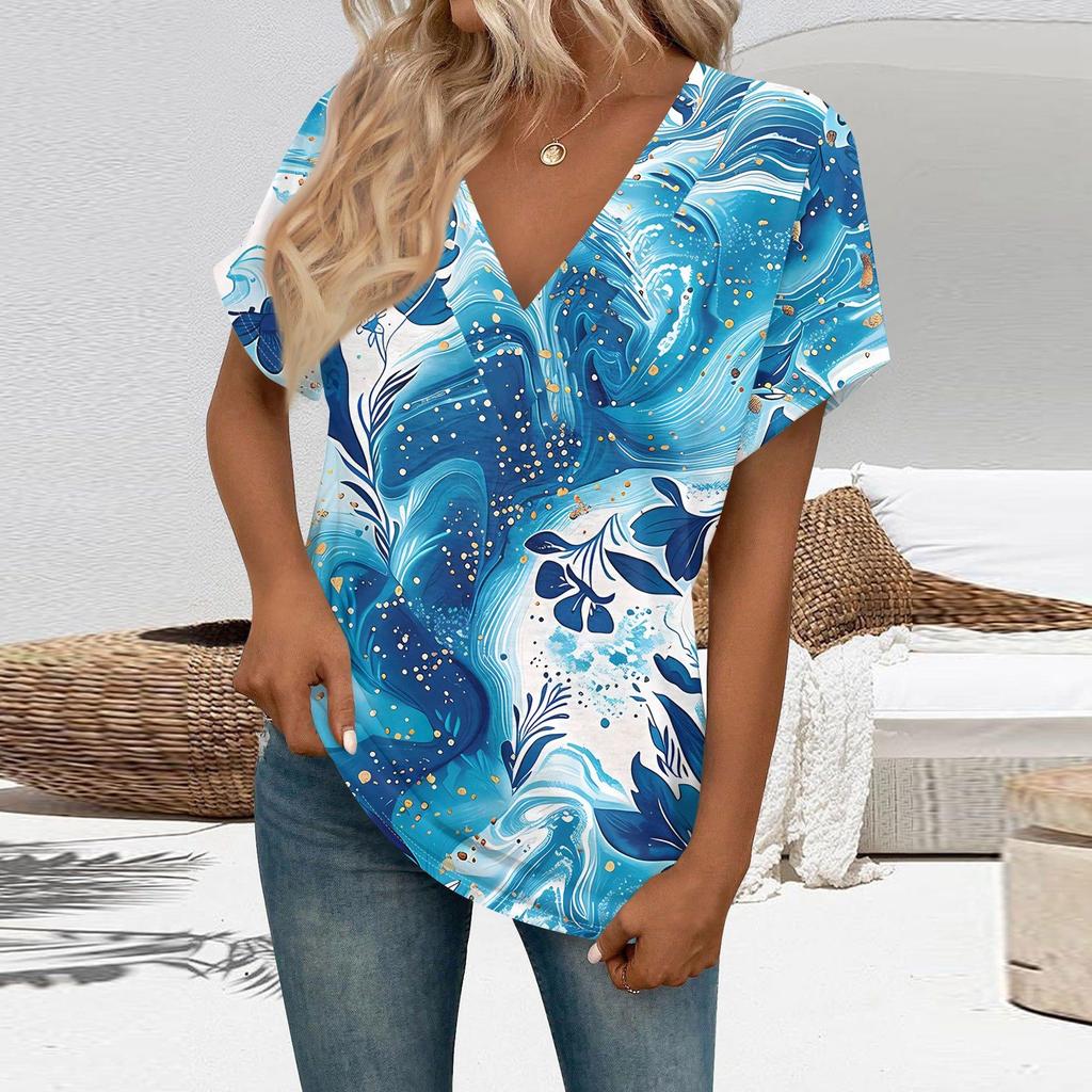 Women's Short Sleeve Shirts V Neck Print Tops Casual Tops Basic Tees Blouse Loose Tops
