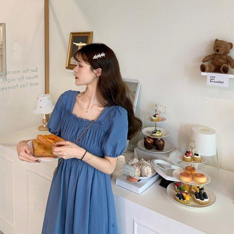 Летние платья Ретро французские платья длиной до колена, с квадратным вырезом и рукавами-пузырьками, с квадратным вырезом и талией