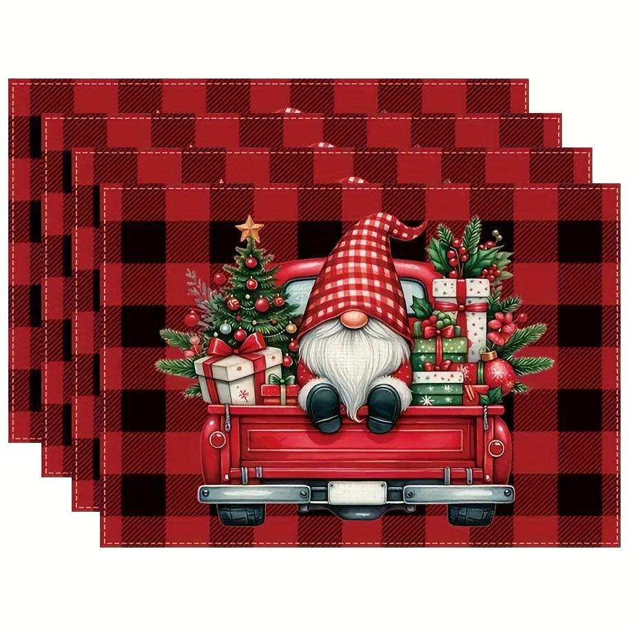 4/6pcs Set Christmas Plaid Gnome Truck Red And Black Checkered Santa Placemats Seasonal Everyday Holiday Decorations Suitable for Home Kitchen Dining
