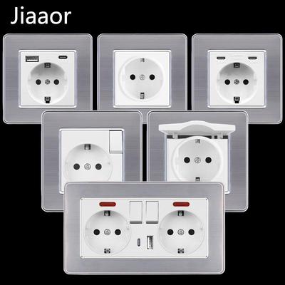 Европейский стандарт 86 тип Панель из нержавеющей стали для двойного выключателя и розетки с USB-C, Немецкий стиль, Встраиваемый настенный монтаж.