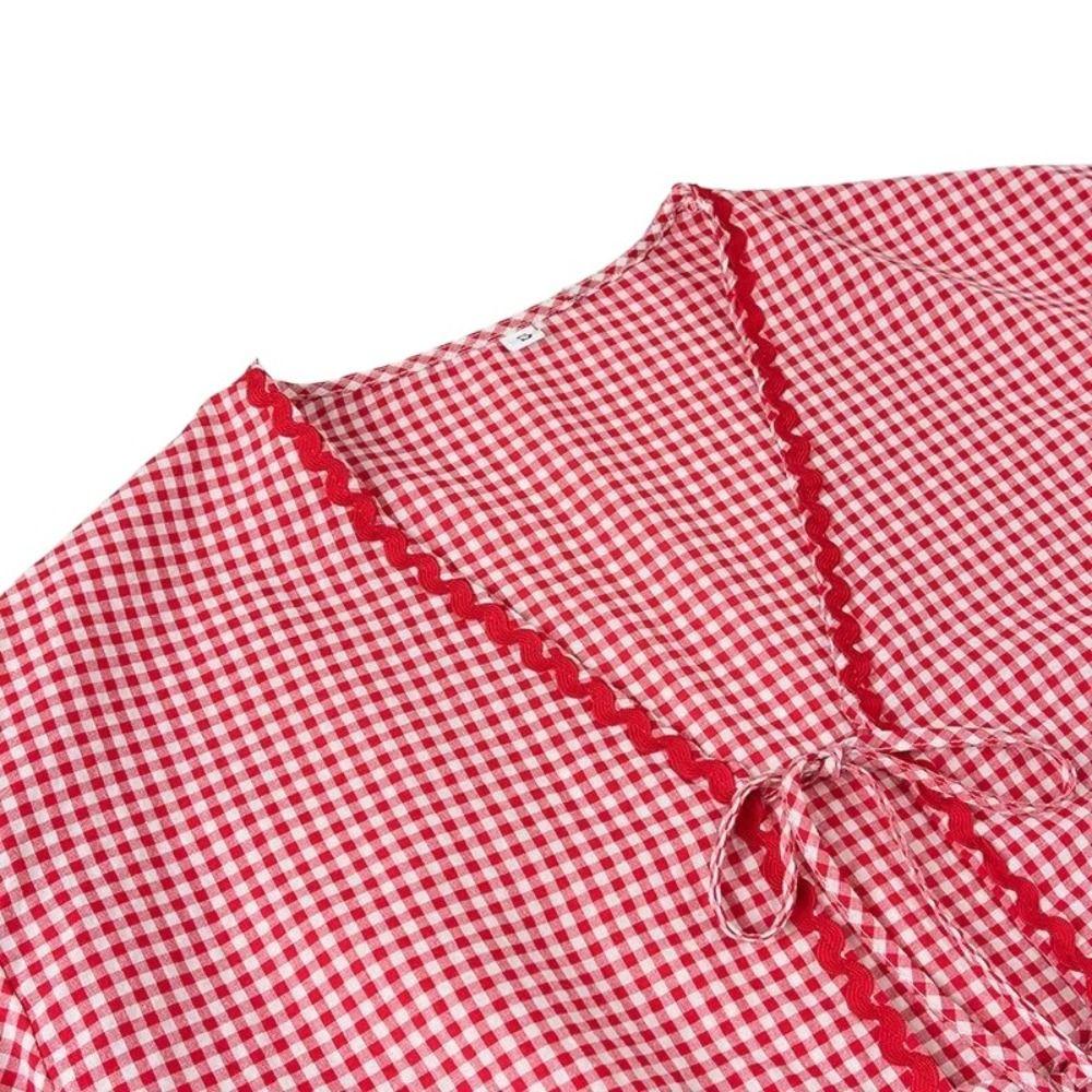 Блузка с оборками в клетку и бантом на шнуровке в полоску, свободная, шикарная, без рукавов, блузка-фонарик, топы весна/лето