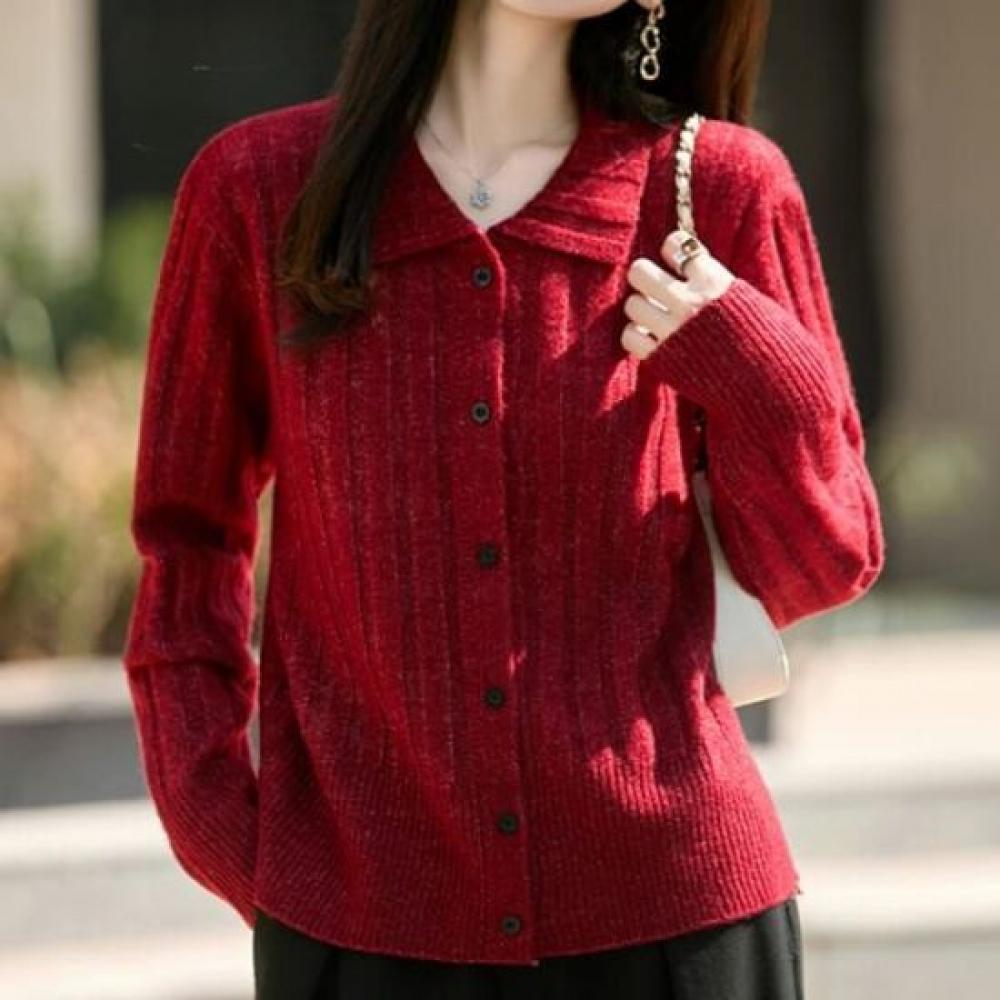 Navava Women Soft Ribbed Plain Basic Collar Long Sleeve Knit Cardigan Nk3342