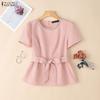 Women Casual O-neck Solid Color Short Sleeve Bow Belt Blouse