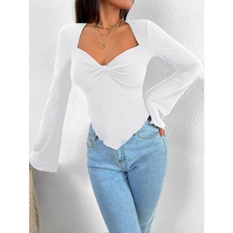 Women's T-shirt Vacation V-neck Trumpet Sleeve Waist Irregular Knitted Long-sleeved T-shirt Top
